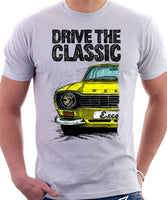 Drive The Classic Ford Escort Mk1 Sport Bumper Round Headlights. T-shirt in White Colour