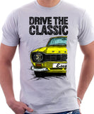 Drive The Classic Ford Escort Mk1 Sport Bumper Round Headlights. T-shirt in White Colour
