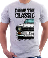 Drive The Classic Ford Escort Mk1 Sport Bumper Round Headlights. T-shirt in White Colour