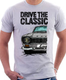 Drive The Classic Ford Escort Mk1 Sport Bumper Round Headlights. T-shirt in White Colour