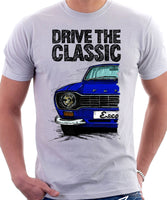 Drive The Classic Ford Escort Mk1 Sport Bumper Round Headlights. T-shirt in White Colour