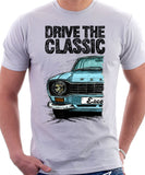 Drive The Classic Ford Escort Mk1 Sport Bumper Round Headlights. T-shirt in White Colour