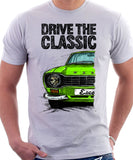 Drive The Classic Ford Escort Mk1 Sport Bumper Round Headlights. T-shirt in White Colour