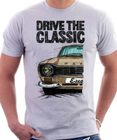 Drive The Classic Ford Escort Mk1 Sport Bumper Round Headlights. T-shirt in White Colour
