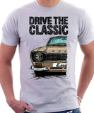 Drive The Classic Ford Escort Mk1 Sport Bumper Round Headlights. T-shirt in White Colour