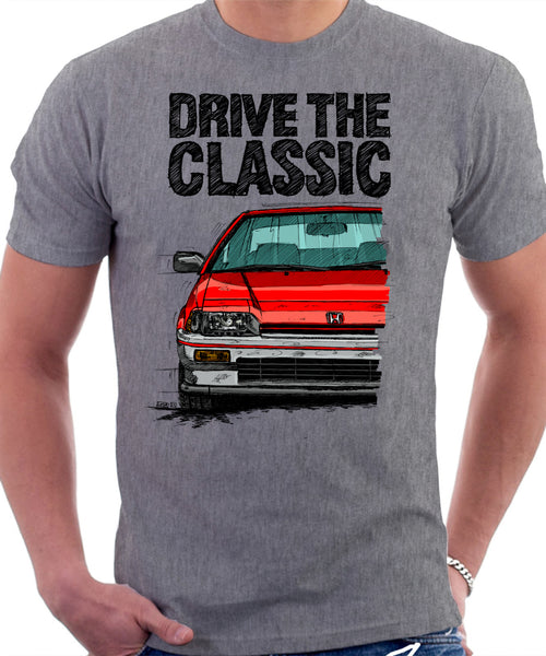 Drive The Classic Honda CRX 1st Gen Early Model. T-shirt in Heather Grey Color.
