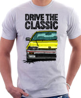 Drive The Classic Honda CRX 1st Gen Early Model. T-shirt in White Color.