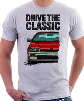 Drive The Classic Honda CRX 1st Gen Early Model. T-shirt in White Color.