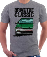 Drive The Classic Honda CRX 1st Gen Late Model. T-shirt in Heather Grey Color.