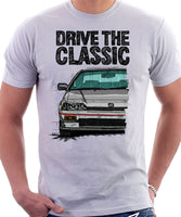 Drive The Classic Honda CRX 1st Gen Late Model. T-shirt in White Color.