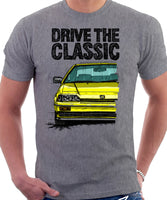 Drive The Classic Honda CRX Si 1st Gen . T-shirt in Heather Grey Color.