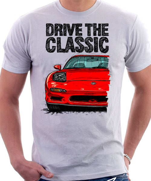 Drive The Classic Mazda RX7 FD Early Model Lights Open. T-shirt in White Color