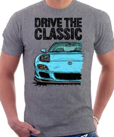 Drive The Classic Mazda RX7 FD Late Model Lights Open. T-shirt in Heather Grey Color