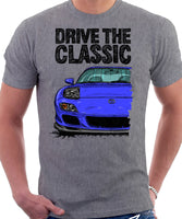 Drive The Classic Mazda RX7 FD Late Model Lights Open. T-shirt in Heather Grey Color
