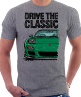 Drive The Classic Mazda RX7 FD Late Model Lights Open. T-shirt in Heather Grey Color