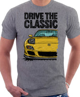 Drive The Classic Mazda RX7 FD Late Model Lights Open. T-shirt in Heather Grey Color