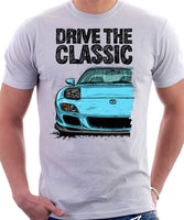 Drive The Classic Mazda RX7 FD Late Model Lights Open. T-shirt in White Color