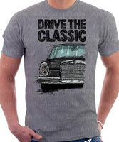 Drive The Classic Mercedes W108/109 Late Model Double Headlights. T-shirt in Heather Grey Colour