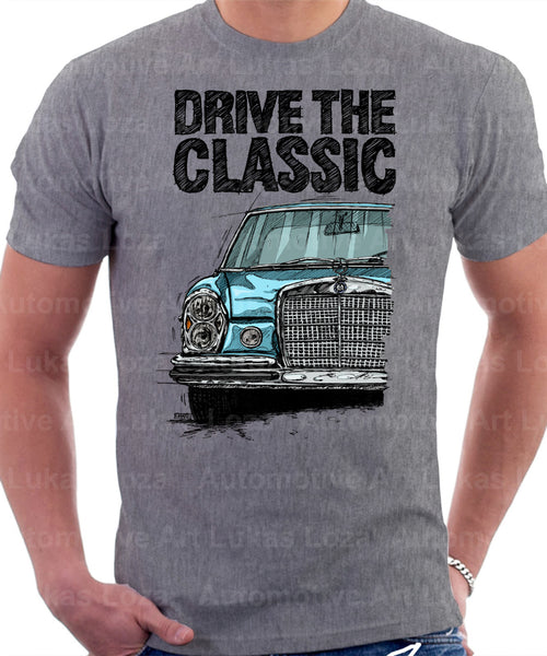 Drive The Classic Mercedes W108/109 Late Model Hallogen T-shirt in Heather Grey Colour