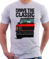 Drive The Classic Range Rover Classic Late Model Big Bumper. T-shirt in White Color.