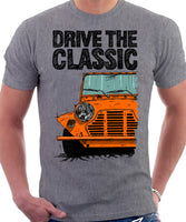 Drive The Classic Mini Moke Early Model. T-shirt in Heather Grey Colour