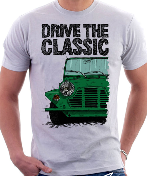 Drive The Classic Mini Moke Early Model. T-shirt in White Colour