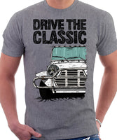 Drive The Classic Mini Moke Late Model. T-shirt in Heather Grey Colour