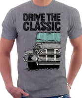 Drive The Classic Mini Moke Late Model. T-shirt in Heather Grey Colour