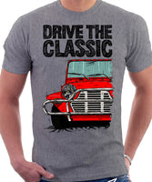 Drive The Classic Mini Moke Late Model. T-shirt in Heather Grey Colour