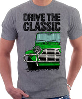 Drive The Classic Mini Moke Late Model. T-shirt in Heather Grey Colour