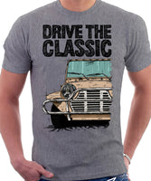 Drive The Classic Mini Moke Late Model. T-shirt in Heather Grey Colour