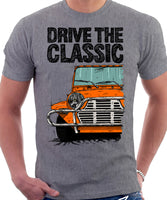 Drive The Classic Mini Moke Late Model. T-shirt in Heather Grey Colour
