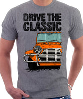 Drive The Classic Mini Moke Late Model. T-shirt in Heather Grey Colour