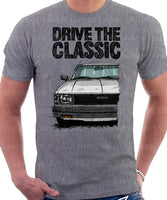 Drive The Classic Toyota Corolla KE70 Square Headlights Black Bumper. T-shirt in Heather Grey Colour