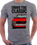 Drive The Classic Toyota Corolla KE70 Square Headlights Chrome Bumper. T-shirt in Heather Grey Colour