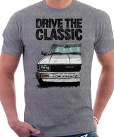 Drive The Classic Toyota Corolla KE70 Square Headlights Chrome Bumper. T-shirt in Heather Grey Colour