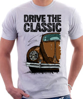 Drive The Classic VW Type 1 Beetle Early Model (Oval) . T-shirt in White Colour