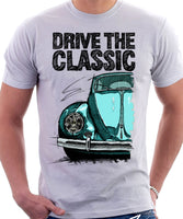 Drive The Classic VW Type 1 Beetle Early Model (Oval) . T-shirt in White Colour