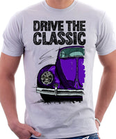 Drive The Classic VW Type 1 Beetle Early Model (Oval) . T-shirt in White Colour