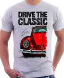 Drive The Classic VW Type 1 Beetle Early Model (Oval) . T-shirt in White Colour