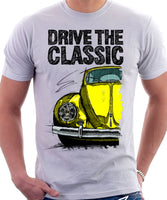 Drive The Classic VW Type 1 Beetle Early Model (Oval) . T-shirt in White Colour