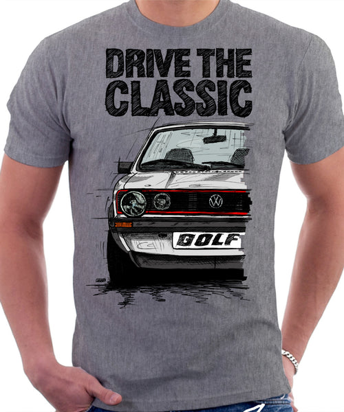 Drive The Classic VW Golf Mk1 GTI Late Model. T-shirt in Heather Grey Colour