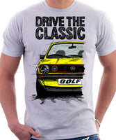 Drive The Classic VW Golf Mk1 GTI Late Model. T-shirt in White Colour