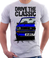 Drive The Classic VW Golf Mk1 Early Model. T-shirt in White Colour