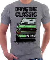 Drive The Classic VW Golf Mk1 GTI Early Model. T-shirt in Heather Grey Colour