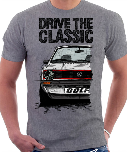 Drive The Classic VW Golf Mk1 GTI Early Model. T-shirt in Heather Grey Colour