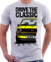 Drive The Classic VW Golf Mk1 GTI Early Model. T-shirt in White Colour