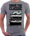 Drive The Classic VW Golf Mk1 Late Model. T-shirt in Heather Grey Colour