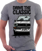 Drive The Classic VW Golf Mk1 Late Model. T-shirt in Heather Grey Colour
