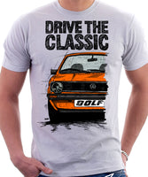 Drive The Classic VW Golf Mk1 Late Model. T-shirt in White Colour